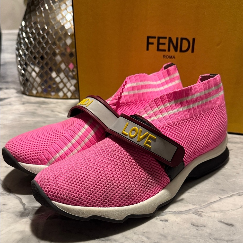 Authentic Fendi Pink Mesh Slip-On Shoes with LOVE Strap | size 39